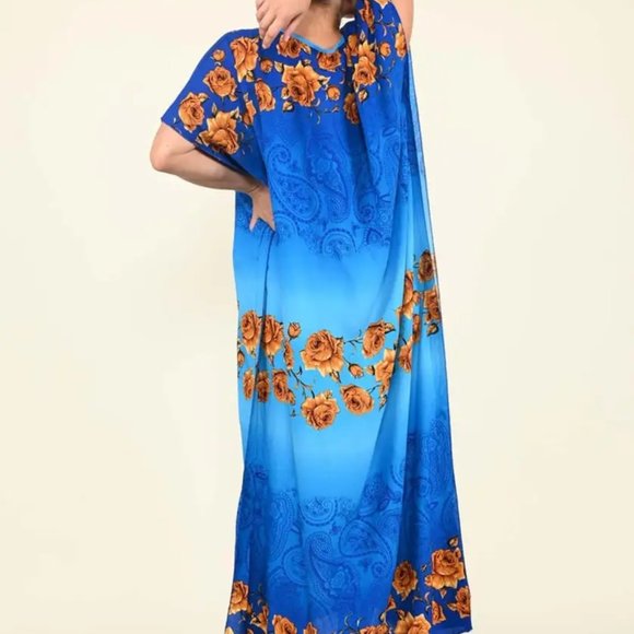 Blue Rose Pattern Kaftan With Neckline Embroidery - One Size Fits Most - Picture 2 of 5